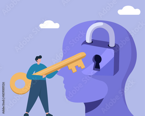A man uses a key to unlock a mind, symbolizing mental health, self-discovery, unlocking potential, and finding psychological solutions