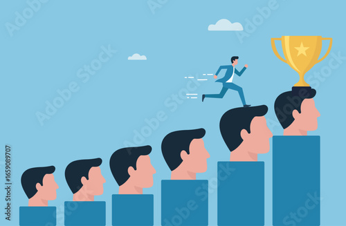 A businessman runs up a staircase of human heads toward a trophy, symbolizing career growth, ambition, and the steps required to achieve success