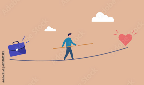 A man on a tightrope balances between a briefcase and a heart, symbolizing the delicate act of managing career, passion, and personal well-being