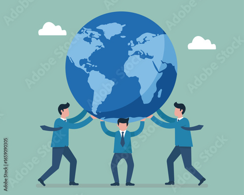 A team of businessmen supports the globe, illustrating global partnership, collective effort, and shared corporate responsibility