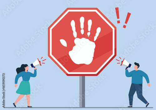 Activists with megaphones demand a stop. A handprint on a stop sign symbolizes a protest against violence, harassment, or social injustice