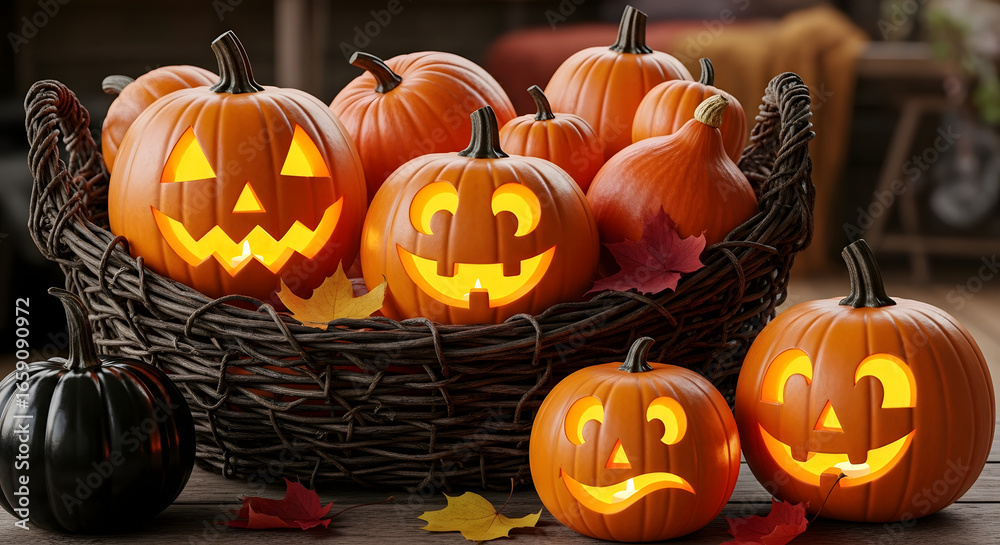 Fototapeta premium Basket full of carved pumpkins with smiling faces for halloween decoration