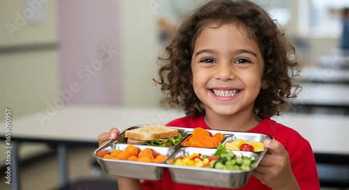 A joyful young girl beams at the camera while holding her healthy school lunch tray.