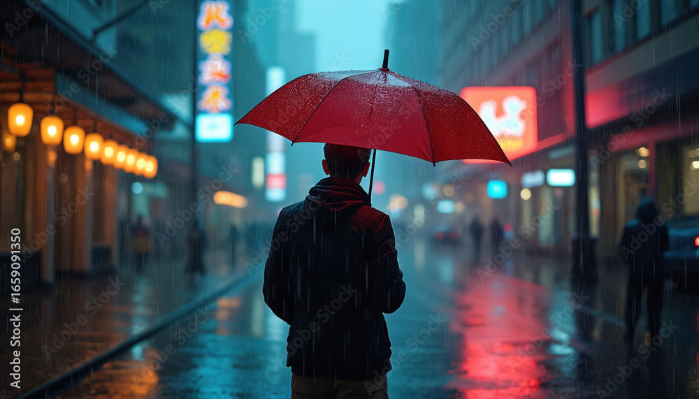 Obraz premium Man with red umbrella walks through rainy city street. Blurred neon lights reflect on wet pavement. Moody, atmospheric scene captures urban nightlife, solitude, protection from weather. Focus on