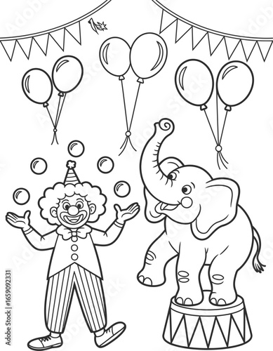 Circus elephant and clown performing with balloons