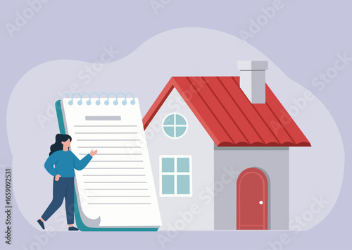 A woman with a large notepad plans for a house. This concept illustrates real estate, home buying, mortgages, insurance, or property management