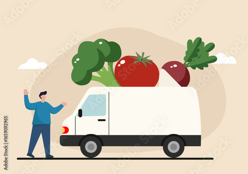 A man welcomes a van delivering giant, fresh vegetables. This flat vector illustrates grocery delivery, farm-to-table service, and food transport