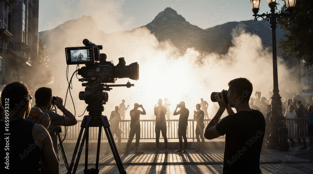 Fototapeta premium silhouette of people of film production in site