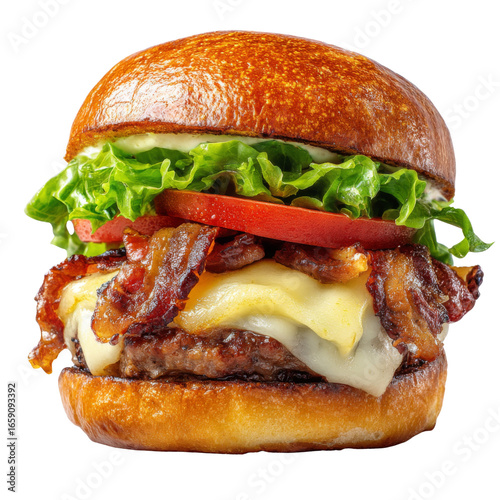 Juicy burger with crispy bacon, melted cheese, fresh lettuce, and tomato on toasted bun, perfect for satisfying meal