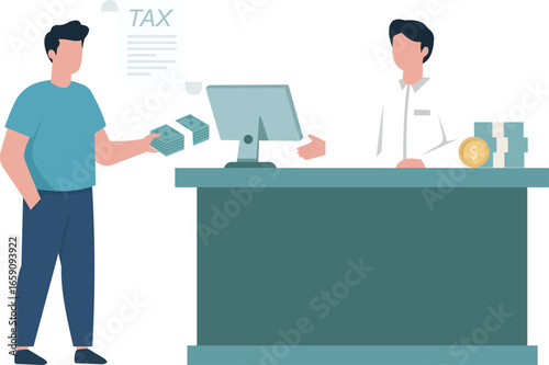 A taxpayer pays his dues in cash to a tax officer at a counter. This flat vector illustration depicts tax payment and financial obligation