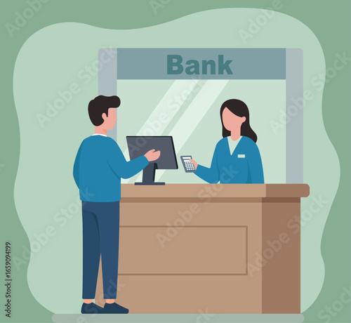 A man at a bank counter being assisted by a female teller. This flat vector illustration represents banking, finance, and customer service concepts