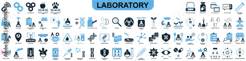 Set laboratory icon vector for scientific research, academic education, and medical testing. Ideal for illustrating chemistry, biology, and physics concepts with a comprehensive and cohesive design.