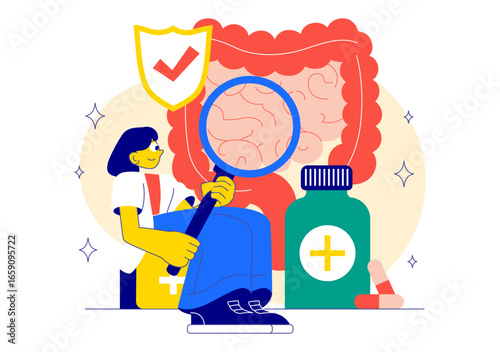 Healthy Gut Illustration featuring Human Digestive System Anatomy with Gut Microflora, Inflamed Intestinal Cells, Bacteria, and Probiotics Background