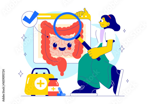 Healthy Gut Illustration featuring Human Digestive System Anatomy with Gut Microflora, Inflamed Intestinal Cells, Bacteria, and Probiotics Background