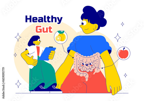 Healthy Gut Illustration featuring Human Digestive System Anatomy with Gut Microflora, Inflamed Intestinal Cells, Bacteria, and Probiotics Background