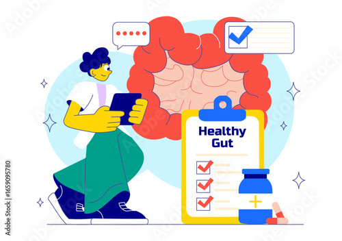 Healthy Gut Illustration featuring Human Digestive System Anatomy with Gut Microflora, Inflamed Intestinal Cells, Bacteria, and Probiotics Background