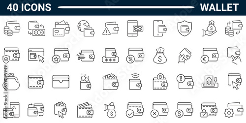 Set of 40 outline icons related to wallet. Linear icon collection. Editable stroke. Vector illustration. Pictograms and infographics for mobile apps. 