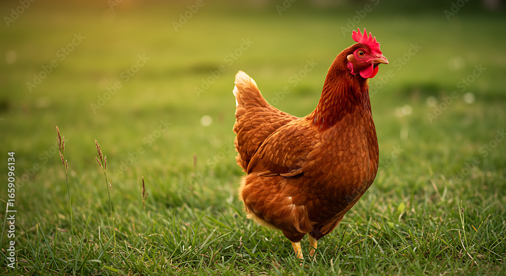 Fototapeta premium Rhode Island Red Hen in Lush Green Pasture