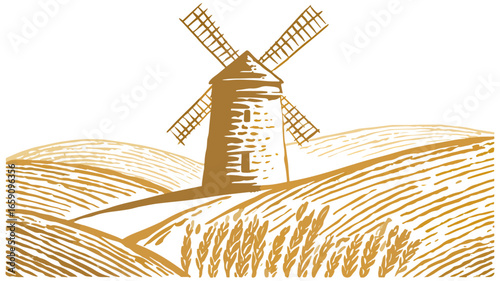 Golden windmill on a rolling landscape