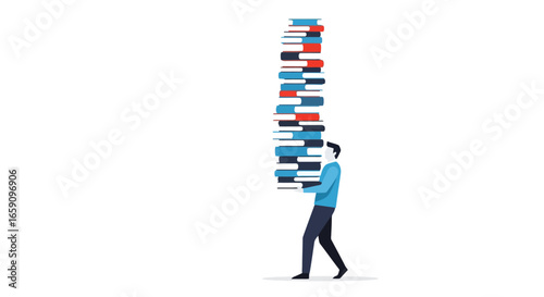 Overwhelmed by Knowledge A man carries a towering stack of books, illustrating the concept of information overload and the pursuit of education, suitable for educational resources, study material.