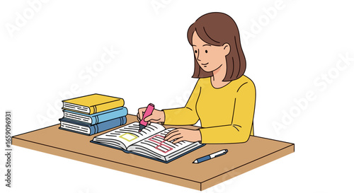 Focused student highlighting text in an open book for educational purposes, ideal for illustrating study habits, learning techniques, and academic success in promotional materials.