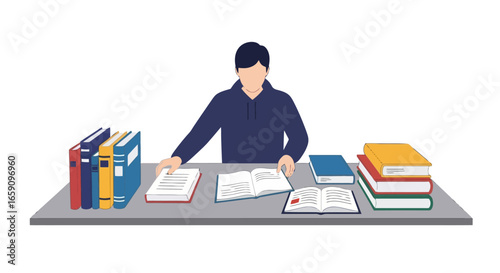 Student Engaged in Academic Research and Studying Materials for Educational Purposes, Suitable for Illustrating Learning and Knowledge Acquisition.