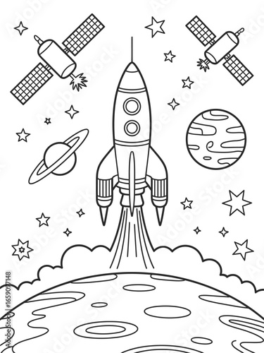 Space coloring page with rocket and planets spaceship