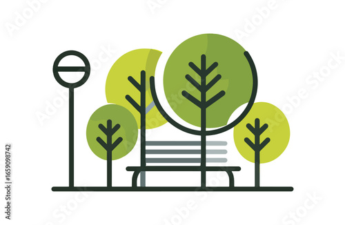 Park scene with trees bench and lamp post