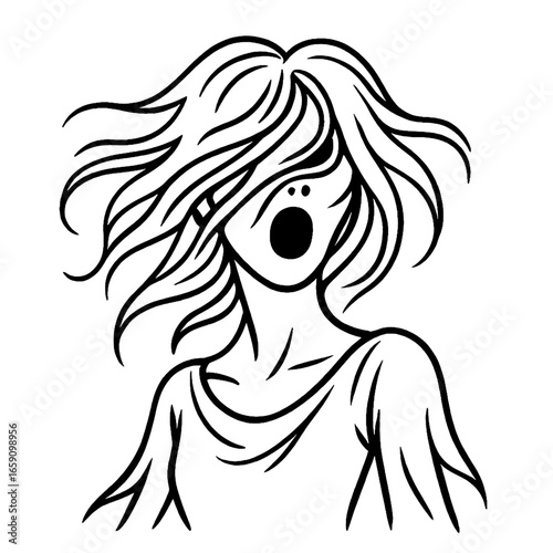 Ethereal wild hair style black outline Halloween portrait wailing face obscured minimalist isolated transparent background