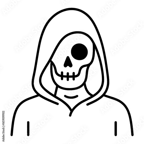 Skeleton in deep hood black outline minimalist Halloween portrait face obscured bony grim isolated transparent design element