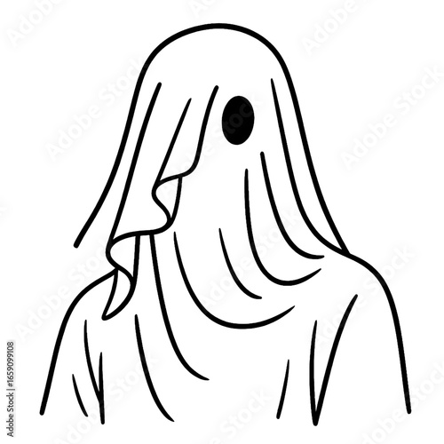 Ghost in flowing sheet black outline minimalist Halloween portrait face obscured ethereal spectral isolated transparent design element