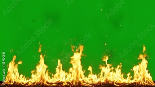 Green screen with orange flames suitable for video editing, special effects, movie productions, and creating realistic fire animations.
