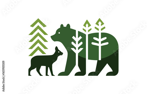 Bear and cub in forest illustration