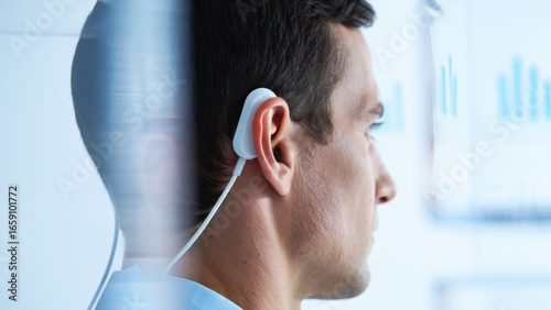 Man wearing ear vagus nerve stimulator, auricular neuromodulation device, stress relief tech, anxiety regulation wearable, nervous system modulation tool