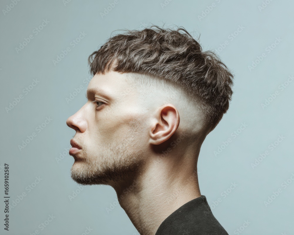 Obraz premium Modern Young Man with Fade Haircut and Tousled Fringe Profile Premium Authentic Hairstyling Trend for Youth Marketing and Social Media Campaigns