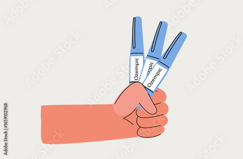 Human hand with ozempic injection pen. Hormone syringes. Vector line art illustration