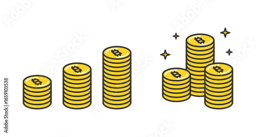 積み上げられたビットコイン。ポイ活。Stacks of Bitcoin. Point activities.