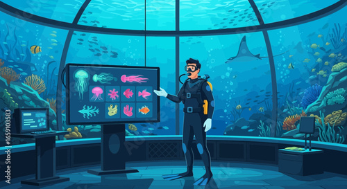 Underwater educator presents diverse marine life within a captivating aquatic habitat