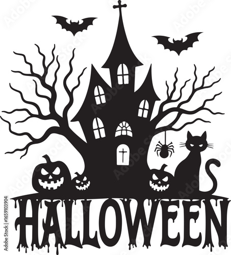 Halloween Haunted House Silhouette with Pumpkins and Bats