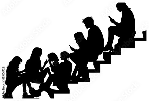 Silhouette of Group of Friends Sitting on Stairs with One Person Using Phone
