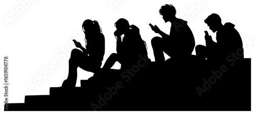 Silhouette of Group of Friends Sitting on Stairs with One Person Using Phone