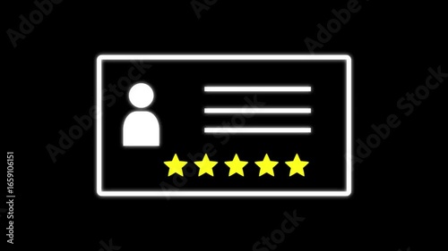 Moving review from one side to another. Customer feedback, satisfaction concept in . Five star shop rating.Star rating full score Animation of 5 stars r