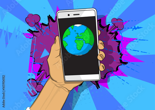 Cartoon Smartphone, comic book Telephone with planet Earth. Retro vector comics pop art design.