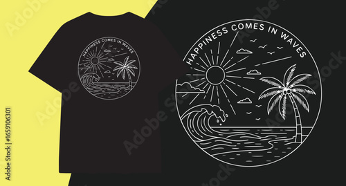 Black t shirt with a white line art design of a tropical beach scene with a skull