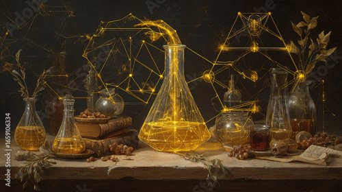 Alchemical still life featuring golden atoms extracted by luminous geometric energy fields, symbolizing transformation.