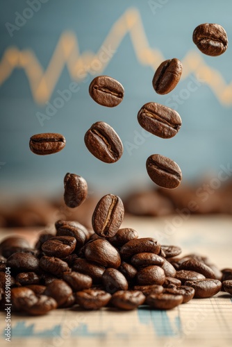 Premium Authentic Coffee Beans with Price Volatility and Rising Stock Market Graph for Modern Commodity Investment Marketing Campaigns