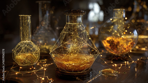 Alchemical still life featuring golden atoms extracted by luminous geometric energy fields, symbolizing transformation.