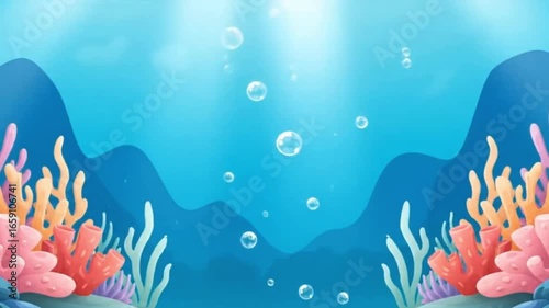 Vibrant underwater scene illustration with colorful coral reefs, sea plants, and sunlight filtering through the deep blue ocean.
