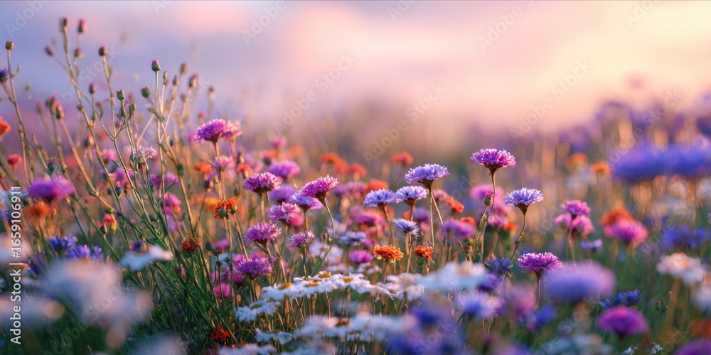 Obraz premium Floral tapestry: Wildflowers paint a dreamscape in sunset's glow.