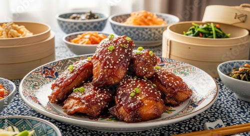 Delicious glazed chicken wings with sesame seeds and green onion garnish, served with side dishes